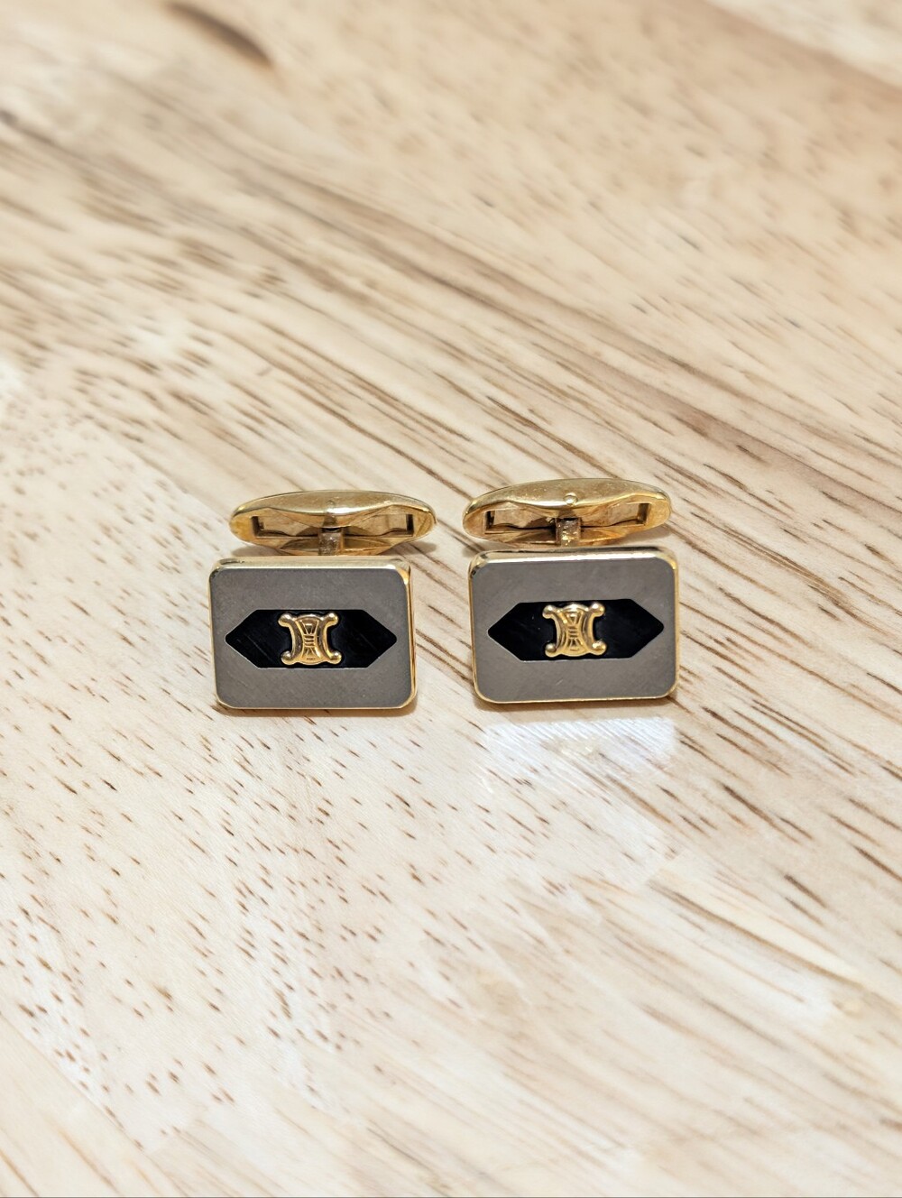Vintage Celine Gold Tone Rectangle Cufflinks Black Enamel Diamond Logo